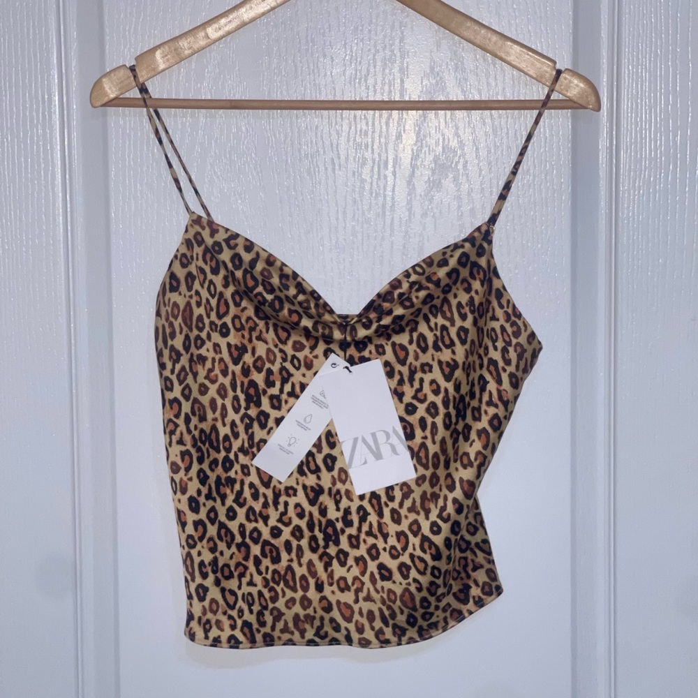 NEW Zara SATIN EFFECT Tank Leopard Print CHAIN STRAP Adjustable Cowl Neck Small - Picture 5 of 7